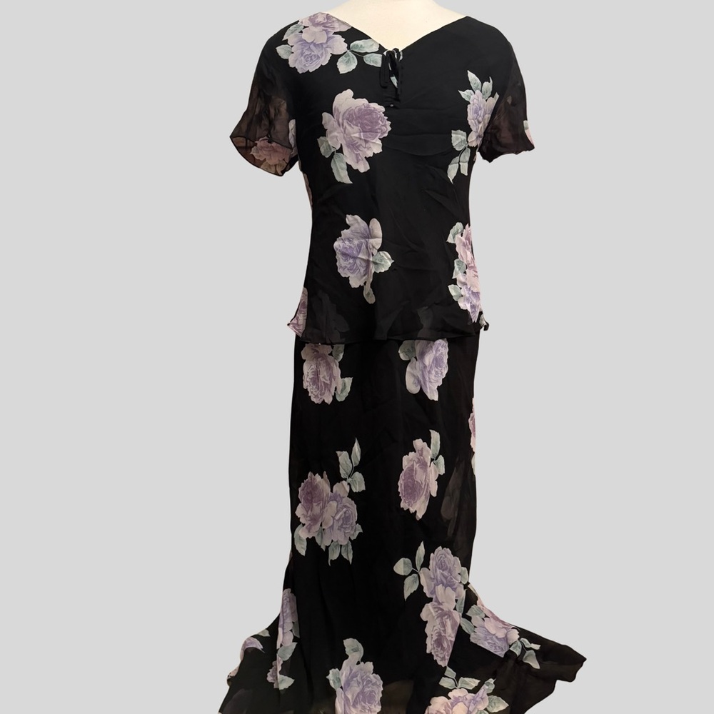 Spenser Jeremy 100% Silk Floral Dress Size 10 Black Purple Elegant Sheer Overlay